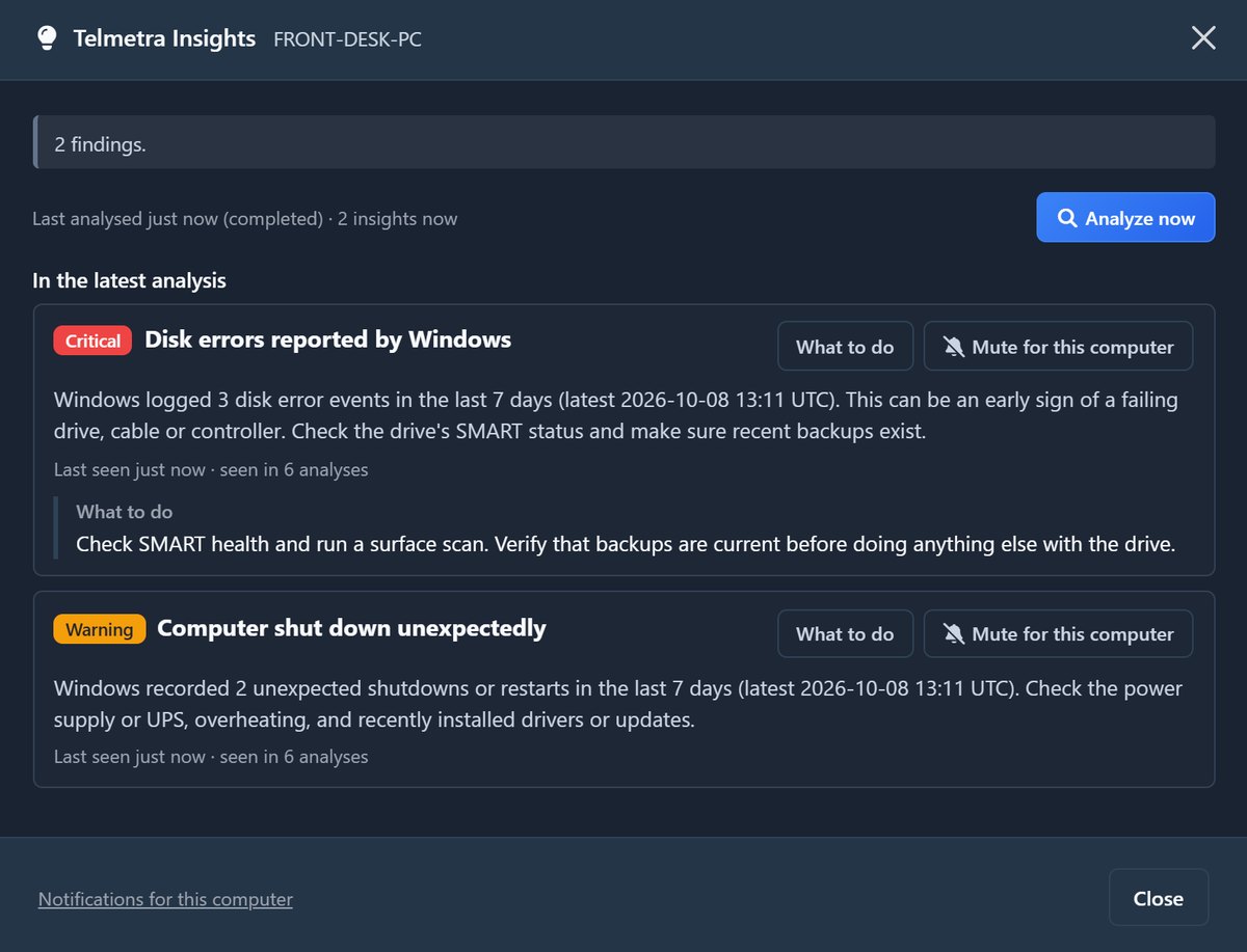The Telmetra Insights window for a computer: a Critical finding for disk errors and a Warning for unexpected shutdowns, each with what to do next and a button to mute it for this computer. Demo data.