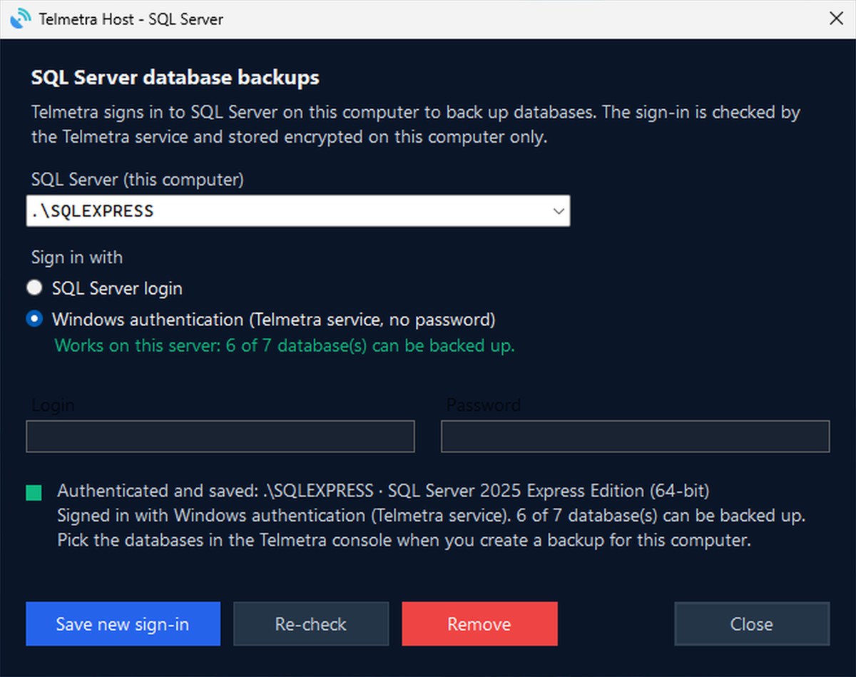 The Telmetra Host SQL Server form after Authenticate: Windows authentication chosen, authenticated and saved, 6 of 7 databases can be backed up. Demo on a test computer.